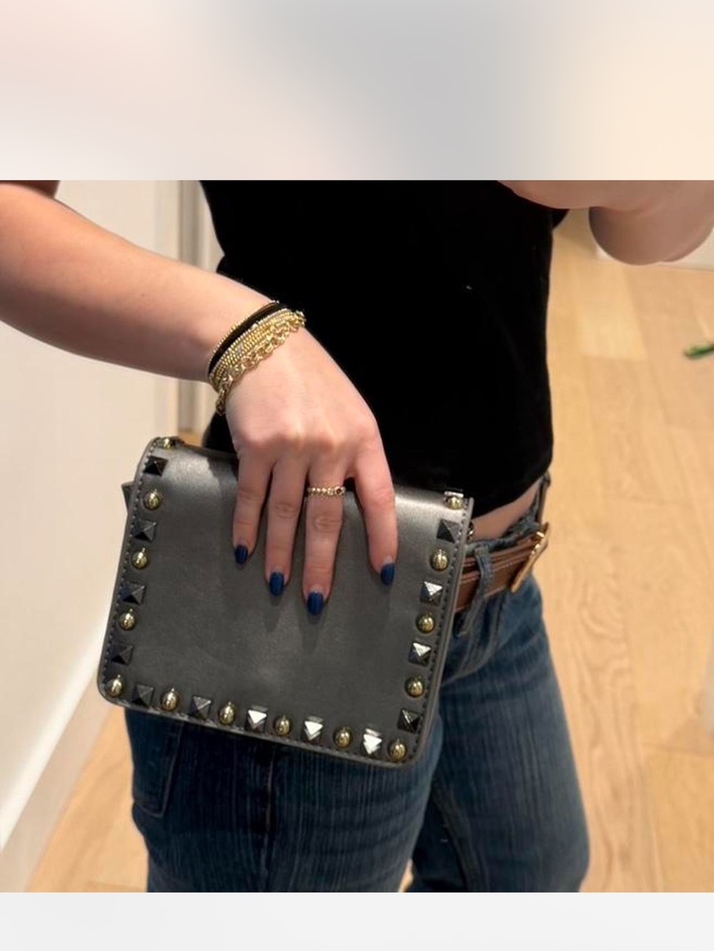 Grey Studded Chain Shoulder Bag